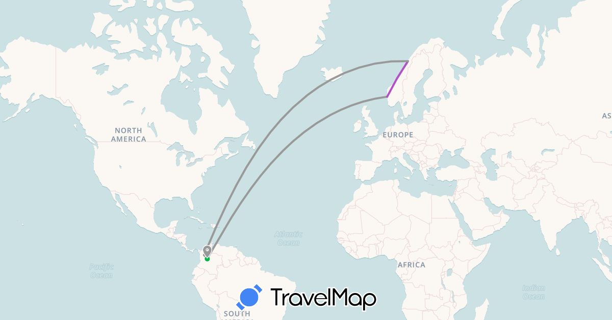 TravelMap itinerary: driving, bus, plane, train in Colombia, Norway (Europe, South America)